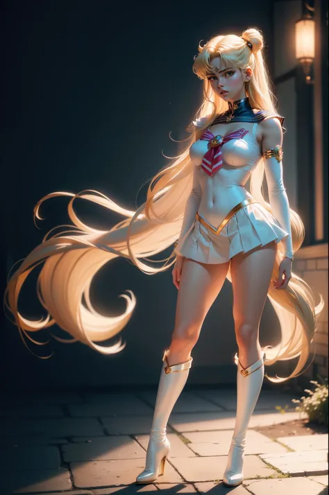 sailor moon, long blonde hair, full body, beautiful female body, long legs, high boots, film photography, analog photography, film grain, extreme detail, 4k, ultra hd, hyperrealism, trending on artstation, polished, radiant, vibrant, photorealistic, backli...