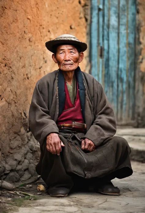 Chinese Peasant Man, older, Wear antiques, seats