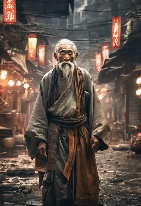 An old beggar,Masterpiece,Top quality,best quality,Official art,Nice and beautiful,actual,Blurred background,Asian face,Chinese idols,mtu,Upper body effect,long beard,white hair