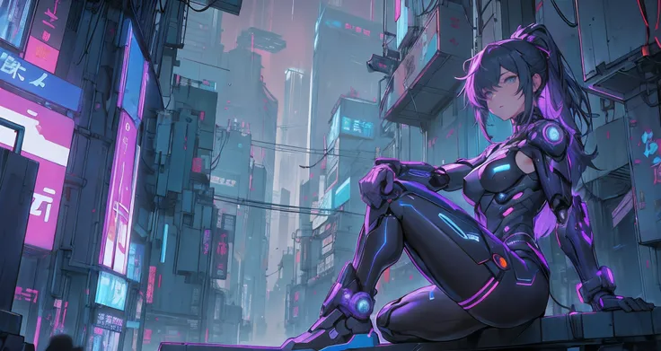 Cyber girl sitting on a ledge in the city at night。Cyberpunk anime art envelops her as digital worlds intersect。Modern cyberpunk art style illuminated by neon lights、It depicts a fusion of an anime girl and a mecha.。This art with a cyberpunk theme is、Feel ...