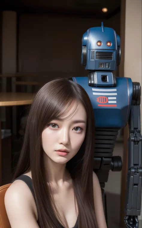 (top-quality、超A high resolution、8K、​masterpiece、realisitic、Photorealsitic)、(Humanoid Droid:1.5)、two individuals、Droid with beautiful female face、The upper part of the body、close-up、frombelow、(Talking、Sitting on a chair)、looking in camera、BREAK、(cafes:1.2)、...