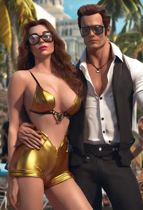 Beautiful woman with super big breasts wearing an eye patch, wearing black silk, wearing a bikini A handsome guy standing next to her