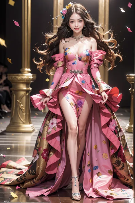 1girl in, (Smile:1.6) ,stunningly beautiful girl, Haute_Couture, designer dress, high-heels,high fashion, High Brand,Famous fashion shows, (Indoor runway:1.4),Long shape face, beautiful countenance, darkred eyes, Sandy Blonde Side Sweep Hair, Short hair, ...