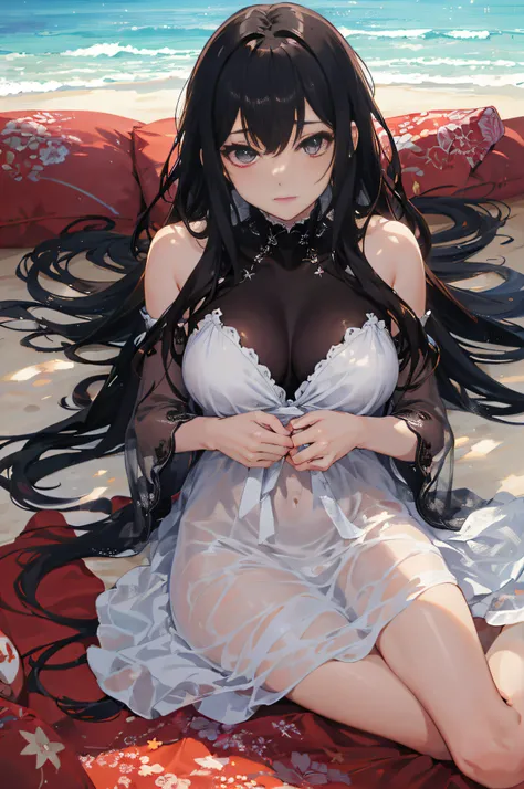 anime girl sitting on a beach towel with her hair blowing in the wind, seductive anime girl, beautiful alluring anime woman, guweiz on pixiv artstation, guweiz on artstation pixiv, guweiz, cute anime waifu in a nice dress, anime girl wearing a black dress,...