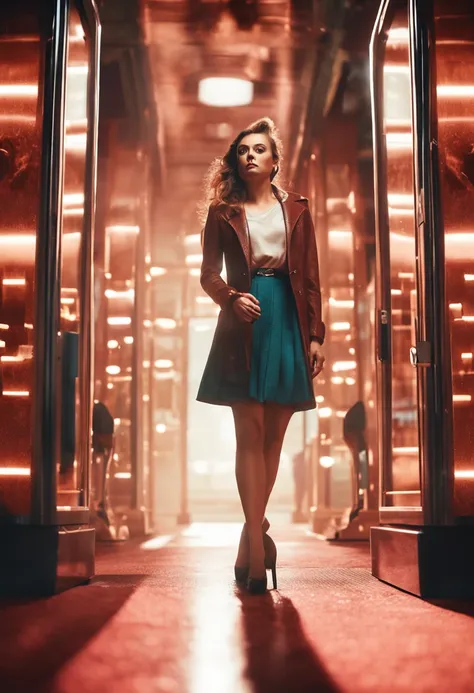 super realistic picture of a woman in mini skirt and high heels in an elevator