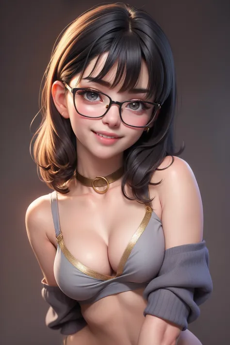 1 cute girl (18yo) glasses, upper body, slim waist, small breast, sexy pose, naugthy face, bangs, random hairstyle, cleavage, navel, collar, collarbone, off shoulder, seductive smile, wear gold color hot sexy underwear, gray background