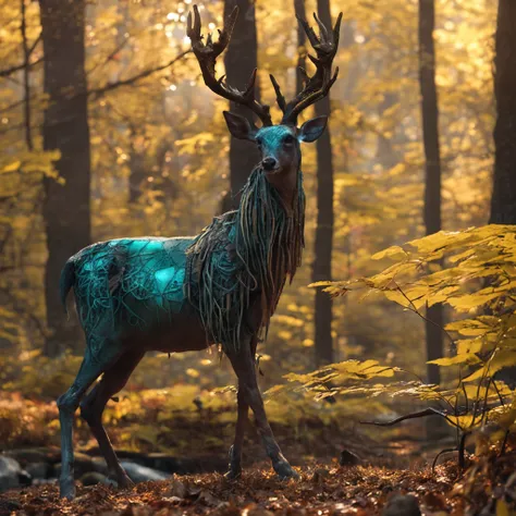 Best quality, Masterpiece, 超高分辨率, (photograph realistic:1.4),  Dream-like,fusionart, ln the forest，Humanoid deer，Elf style ，a sense of atmosphere