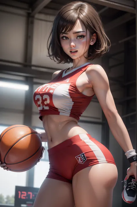 (8K,Photorealsitic　Raw photography　top-quality;1.4) 1 High School Girl) Super beauty　(Lifelike face)　Brown-haired short bob　Basketball players　Flowing sweat　Splattering sweat　Bursting smile　Beautiful woman doing dribbling　red and white uniform　Beautiful br...