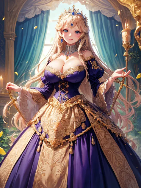 (masterpiece, best quality,extremely detailed,moe anime art style:1.2),1girl, (solo), cute, kawaii,digital art,((1 bling-bling anime princess wearing beautiful embroidery and jeweled gorgeous princess rococo ballgown with voluminous full length hoop skirt)...