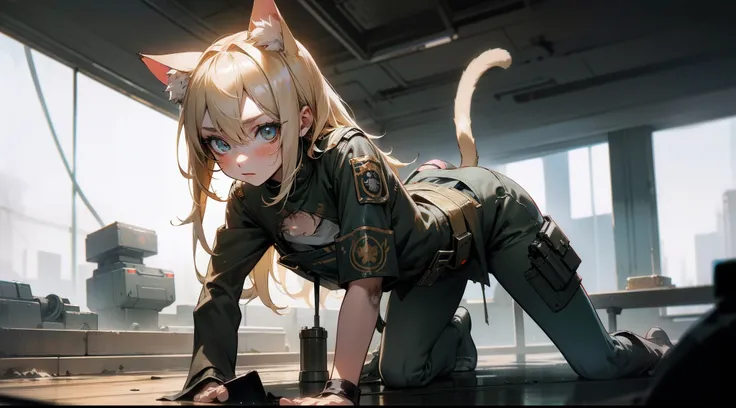 Ukrainian girl , Ukrainian anime girl , The whole body consists of a young girl with messy light blonde hair, Eye makeup, 11yo, Cat ears, Soft lighting, Solo, Wear shabby clothes, Dirty, Tattered futuristic military uniform, Cats paw badge, Pose, spot colo...