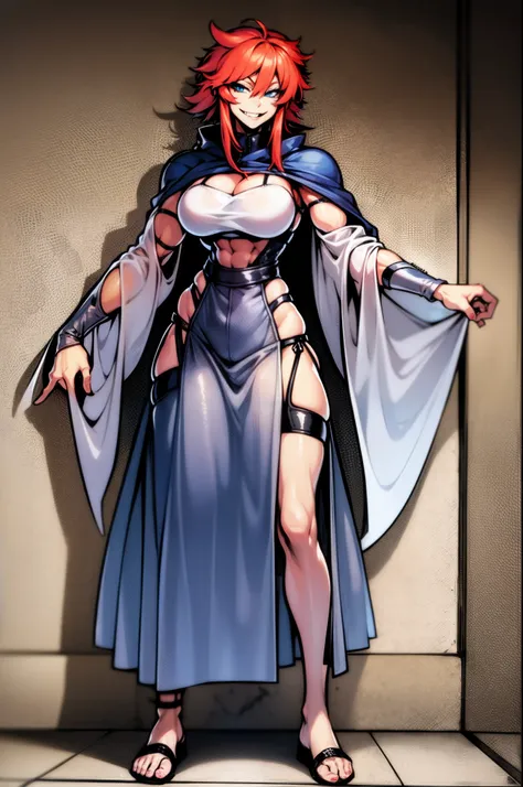 smug, musclegirl,, medium breast, full body, standing, cloak, red hair, blue eyes, flipflops,smile,, long skirt,See-Through Dress