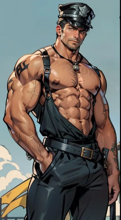 Mature male，45 yers old，short detailed hair，Slag，musculous，vast pecs，Wide shoulders，Thick-breasted，（Huge crotch bulge：1.5），leather harness，skinny pants，（Bare pectoral muscles），Name plate，a revolver，police hat，Indecent expressions，Indecent pose，Male gaze，tm...