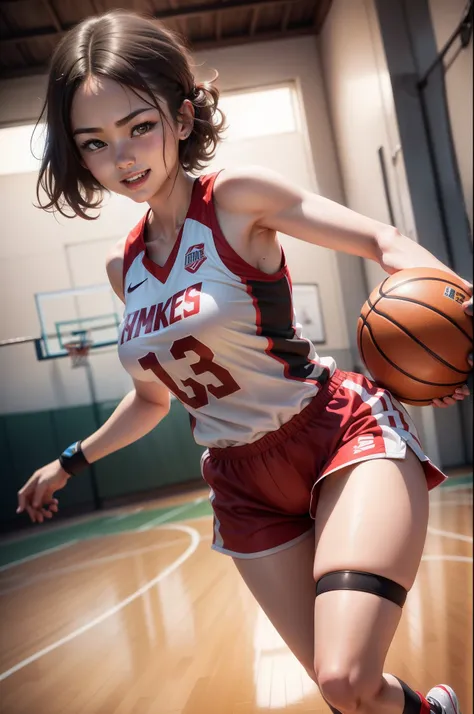 (8K,Photorealsitic　Raw photography　top-quality;1.4) 1 High School Girl) Super beauty　(Lifelike face)　Brown-haired short bob　Basketball players　Flowing sweat　Splattering sweat　Bursting smile　Beautiful woman doing dribbling　red and white uniform　Beautiful br...