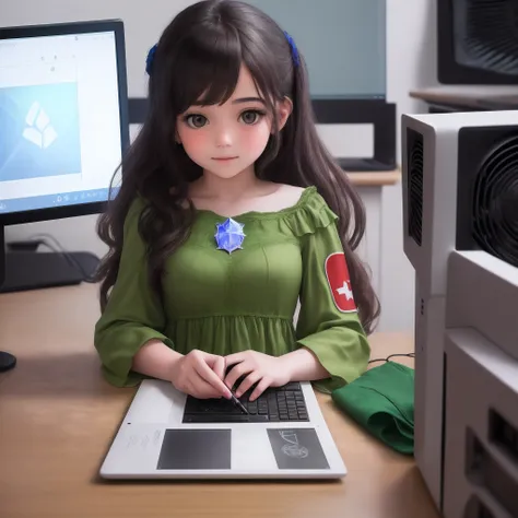 The girl sitting in front of the computer writes crystal medical on the screen of your desk. above. There is a Turkish flag, the girl is wearing a green dress