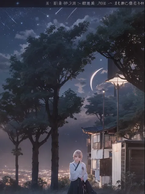 Skysky， As estrelas （Skysky）， scenecy， starrysky，themoon， the night， 1girll， nigh sky， 独奏， exteriors， build， Clouds， galactic， sitted， The tree， long whitr hair， 城市， siluette， view over city