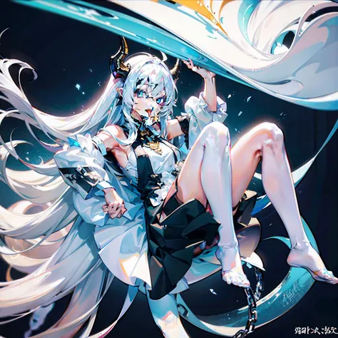 Maidens are human beings。Dragons horn，teens girl，long  white hair，，Blue eyes，Dragon tail，hands raised overhead，Expose the armpits。White stockings on her legs，Girls wear only panties and bras，The reveal panties，white liquid on your face。，There is a white li...