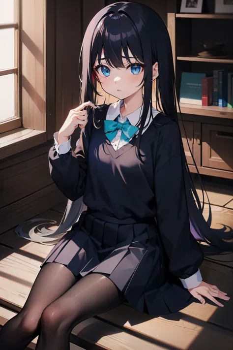 tmasterpiece、Need、Highest high resolution、Japanese high school girl、Three no girls、mano、Petite、Small chest、Dark blue top、a black pleated skirt、The slender legs are wearing dark black pantyhose、No shoes、ccurateblack hair、Long straight hair, Turquoise blue e...