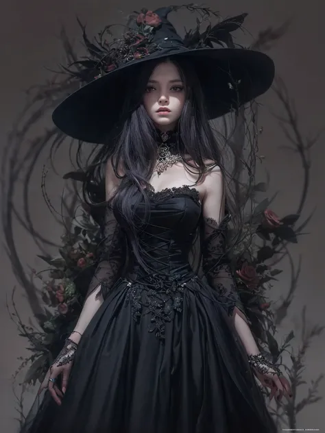 The witch girl, in the witch wedding, beautiful black dress, best quality, masterpiece, (realistic:1.2), Front, detailed face, (((masterpiece))), (((best quality))), (((extremely detailed))), illustration, mysterious, full perfect body,