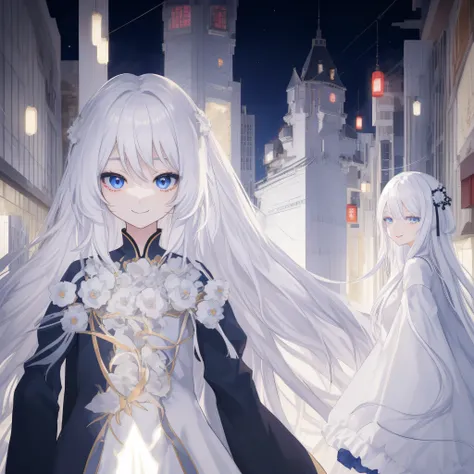 finely、Anime style、in detail、White hair、The long-haired、A smile、Women in Their 20s、The background is a night view、No building、From bottom to top、Blue eyes、Alone、1 person only、a miniskirt