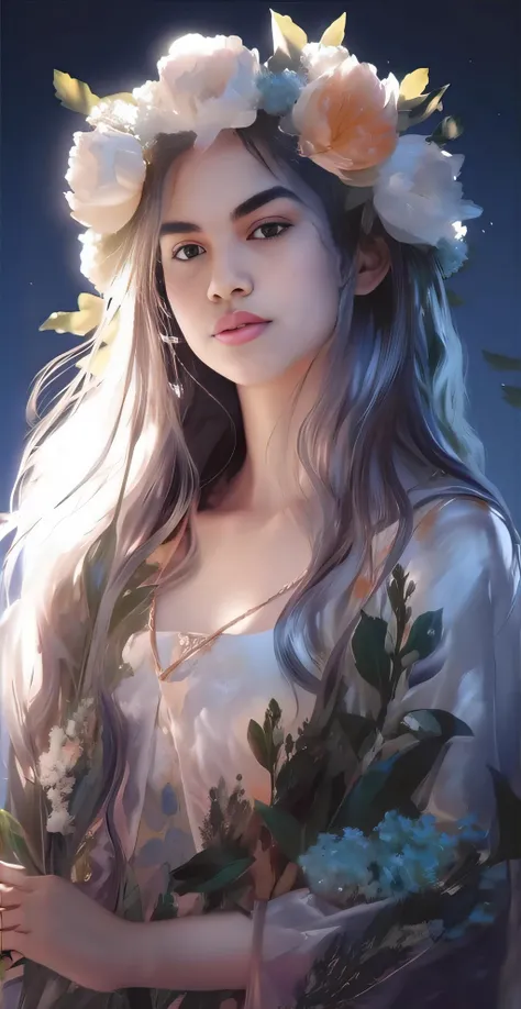 uma mulher com flores no cabelo e um vestido branco, Arte no estilo de Guweiz, Guweiz, pintura de personagem bonita, bela arte digital, retrato bonito do anime, retrato bonito da arte da fantasia, lotus floral crown girl, Realistic. Cheng Yi, pintura digit...