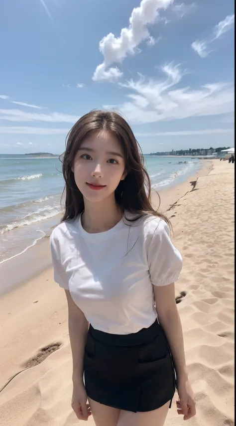 ((Best picture quality, 8K, tmasterpiece: 1.3)), self-shot, Sharp focus: 1.2, A cute beauty with a perfect figure: 1.4, Slim, ((Brown hair black)) , (whitet-shirt，pleatedskirt，Highly detailed face，Happy expression，standing on your feet：1.2），（（with blue sky...