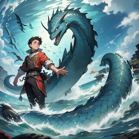 A boy swims at the bottom of the sea，sea serpent