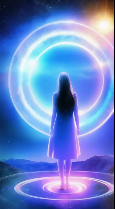 person, standing in front of a space portal overlooking the sun,, mystical，gateway to another universe, gateway to another dimension, world, visible only through the portal, High quality fantasy stock photo, portal to another world, portal to outer space，L...