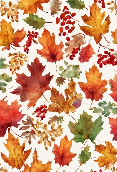 Autumn background, pattern, watercolor, leaves and bunches of rowanberries, beautifully