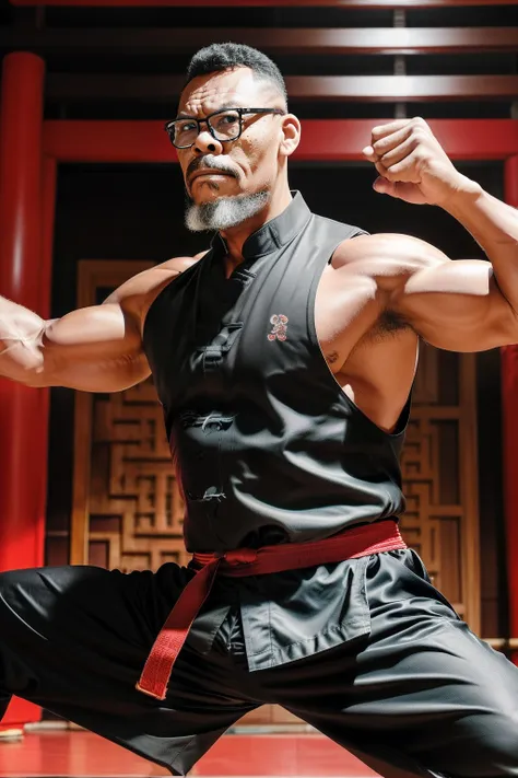 guttovendo1, kung fu master teaching young students muscular handsome full outfit chineese environnement hyper realistic super d...