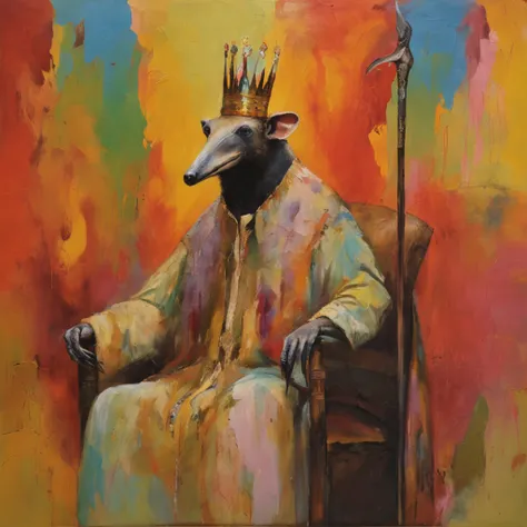 A anteater-headed king sits majestically on a throne with a scepter