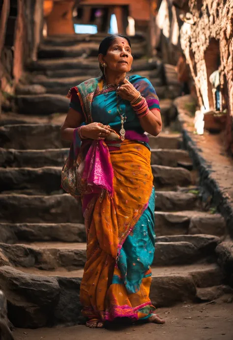 A Nepali woman in a beautiful sari, Sus manos despegando lentamente la tela para revelar sus intrincadas joyas..