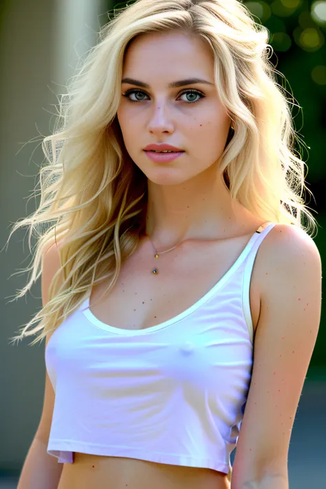 gorgeous woman with extra long wavy blonde hair, detailed alluring eyes, long sexy legs, wearing tiny shorts, t-shirt, ((detailed facial features)), (finely detailed skin), pale skin, realistic skin texture, extreme skin details, (pores:0.1), in the backgr...