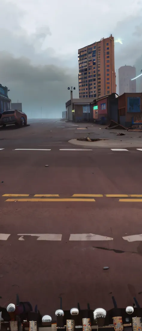 There is a picture of a city street with a fence and a clock, Street background, dirty street background, Post-apocalyptic street, simon stalenhag style, inspired by Simon Stalenhag, environment painting, cyberpunk city street background, post - apocalypti...