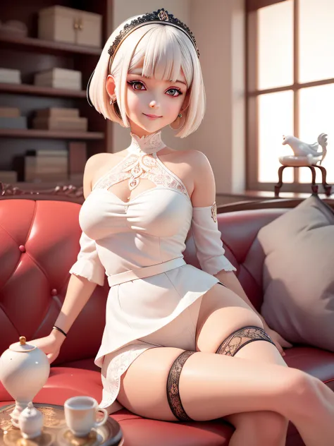 (masterpiece),(best quality),(ultra-detailed), (full body:1.2),
1girl,chibi,cute, smile,
white Bob haircut, red eyes, earring,
white shirt,black skirt, lace legwear,
(sitting on red sofa),
seductive posture, smile,
A sleek black coffee table sits in front ...