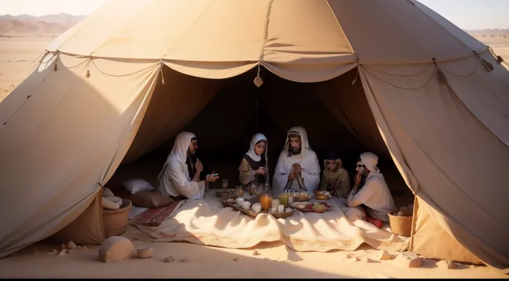 Bedouin family of biblical times in tents in the desert