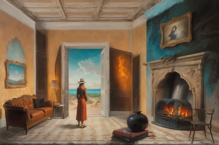 painting of a living room with a fireplace and a beautifull girl in the corner, surrealism painting, surreal painting, surrealism art, masterpiece surrealism, surrealistic painting, magritte painting, surrealism, surrealist painting, surreal scene, surreal...