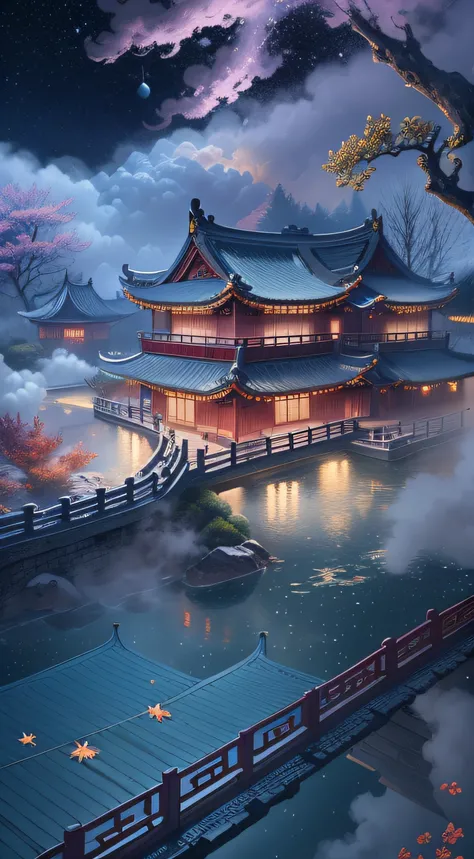 Surreal CG rendering ancient China，Jiangnan ancient buildings and ancient towns have Yaolin wonderland。the night，The stars are bright，The smoke is fascinating，Maple leaves and milk leaves are trees。snow landscape。k hd