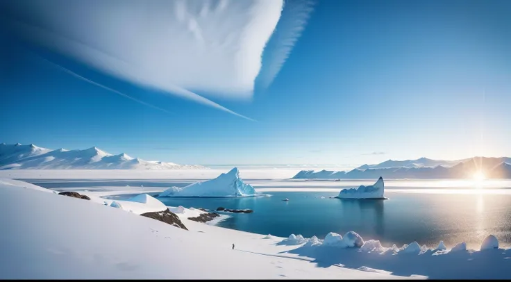 Sunny midday，South Pole，Attention to detail，Snow-covered sea，The land is full of snow，There are penguins and seals by the sea，There are blue icebergs in the distance，japan manga style. --v6