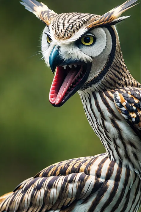 A very long viper, fierce, open mouth, very shiny, and an owl next to it