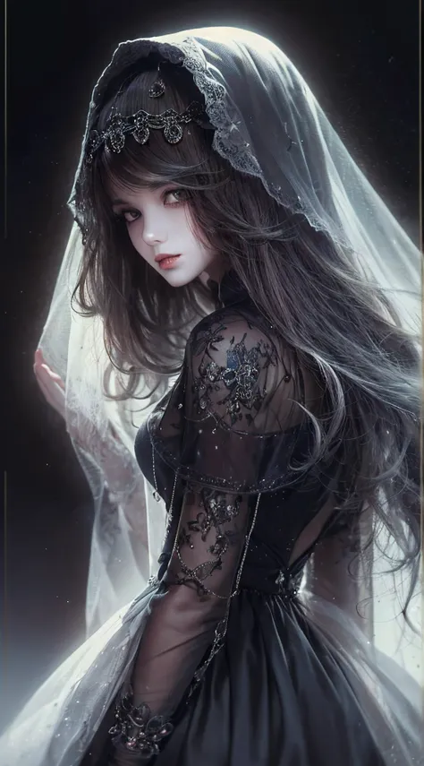 The witch girl, in the witch wedding, beautiful black dress, best quality, masterpiece, (realistic:1.2), Front, detailed face, (((masterpiece))), (((best quality))), (((extremely detailed))), illustration, mysterious, full perfect body,