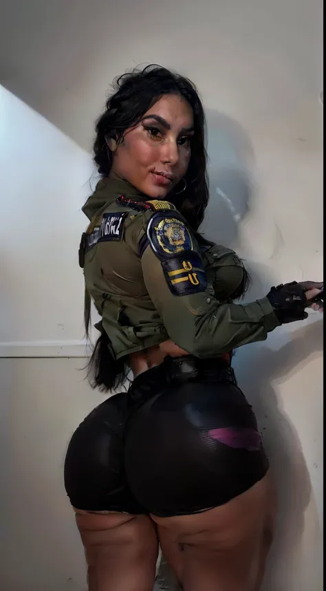 Uniformed woman holding a gun and pointing at the camera, Kim Kardashian como policial, com pistola, xerife feminino, soprar, soldado feminino bonito, com fuzil, Fotografando Poses, security agent, Militarista!!!, menina da infantaria, oficial, Tiroteio in...