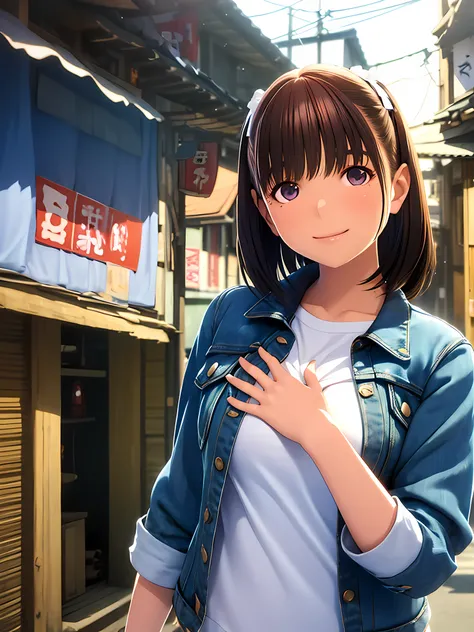 hight resolution,in 8K,Best Quality,detaileds,semi - realistic anime,Anime 3D Style,Smooth Anime CG,1 girl in,18-year-old woman in Japan,slim,modeled,shiny chestnut hair,Medium Hair,Detailed face,Beautiful and detailed eyes,Glowing skin,Girl in denim jacke...