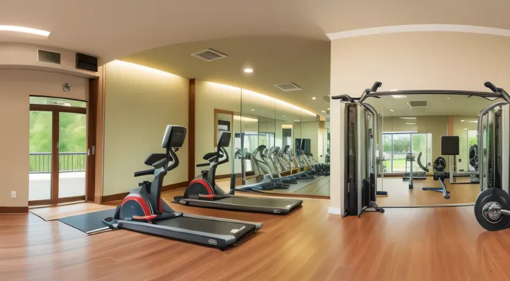 Create a panoramic photo of a fitness center, com piso de madeira, Esteira, Bicycle and weight machines