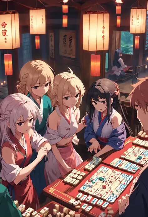 Four friends are playing mahjong happily at the self-help mahjong hall