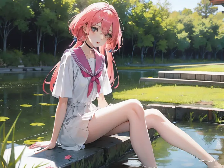 A Shōjo cute anime girl sit alongside a pond