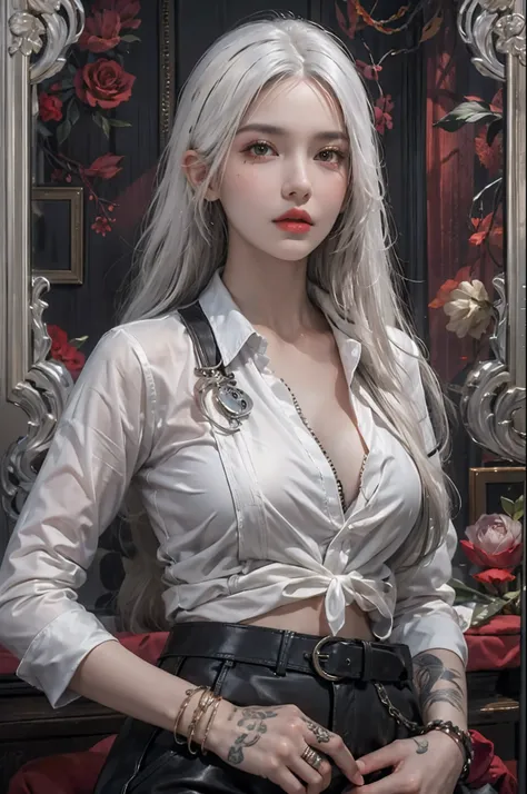 photorealistic, high resolution, 1women, solo, hips up, look at viewer, (detailed face), white hair, long hair, mafia clothes, tattoo, jewelry