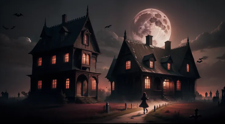 horror book cover, abandoned wooden gothic house with a graveyard, full moon, spooky atmosphere, halloween, red sky, 8 year old schoolgirl in foreground skipping up the path