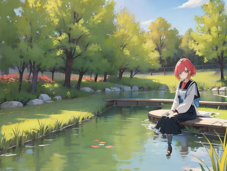 A Shōjo cute anime girl sit alongside a pond