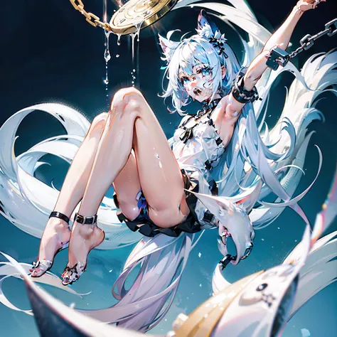 The girl has white hair，A dragons tail grew from the girls butt，Blue eyes，Has two legs，The girls face is human，hands raised overhead，Expose the armpits。White stockings on her legs，The girl was not dressed，The reveal panties，white liquid on your face。，There...