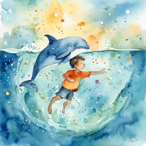 Childrens book illustration：The boy in white swims with whales at the bottom of the sea，The whale jumped out, The bubbles around the surface of the water slowly rise，Sunlight slanting, prime time,